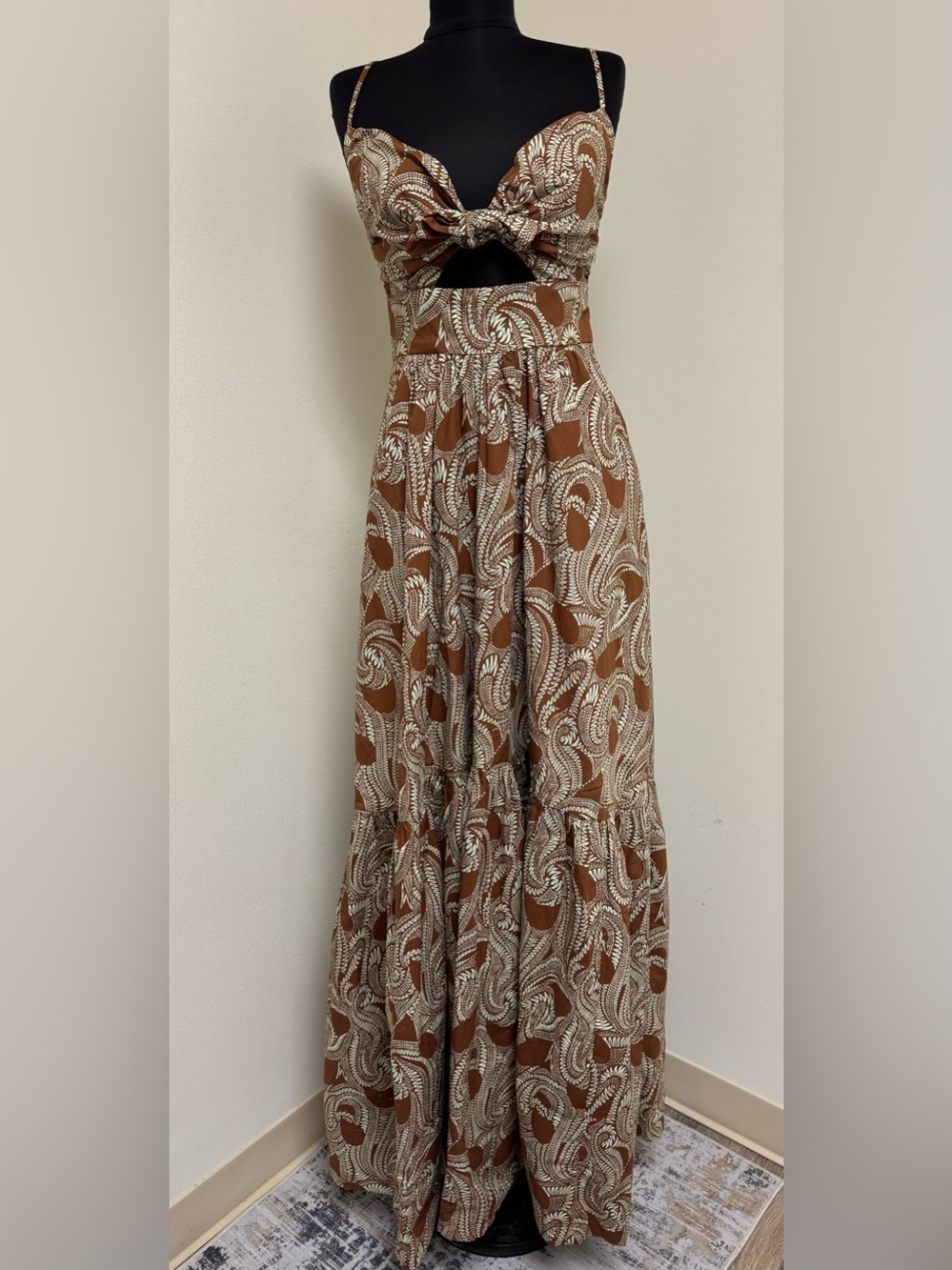 NWT A.L.C. Laura Cotton Poplin Maxi Dress Size 2 Cognac Brown & Green Ash Print - Picture 3 of 14